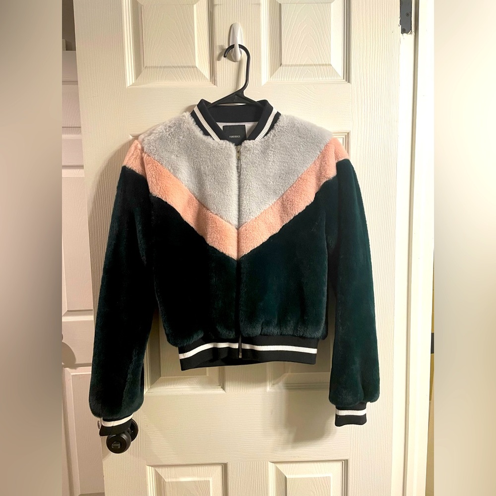 Faux Fur Chevron Colorblock Bomber Jacket